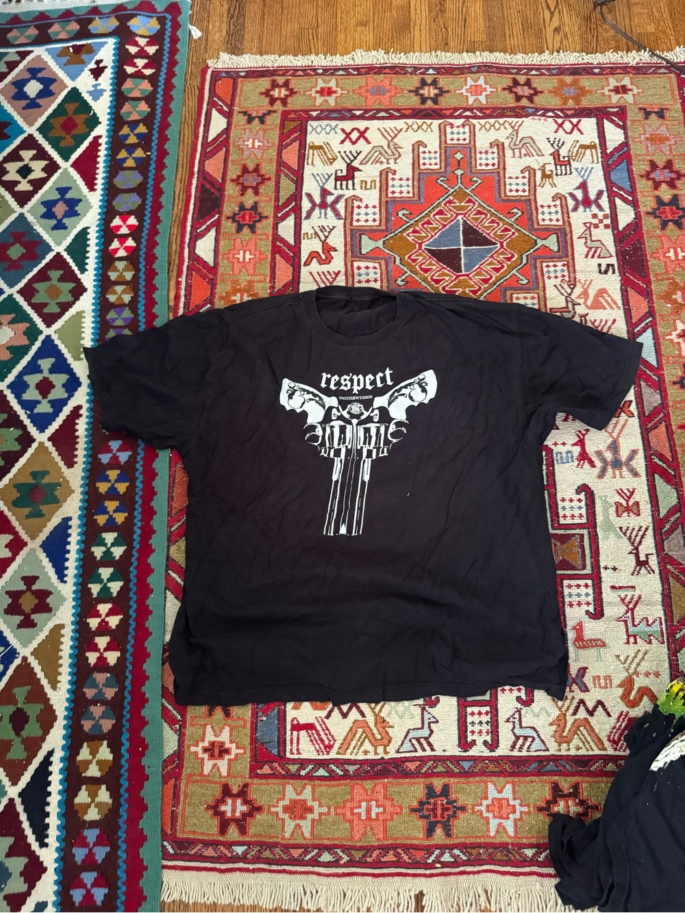 Black 'Respect' Graphic Tee with White Skull Guns Print